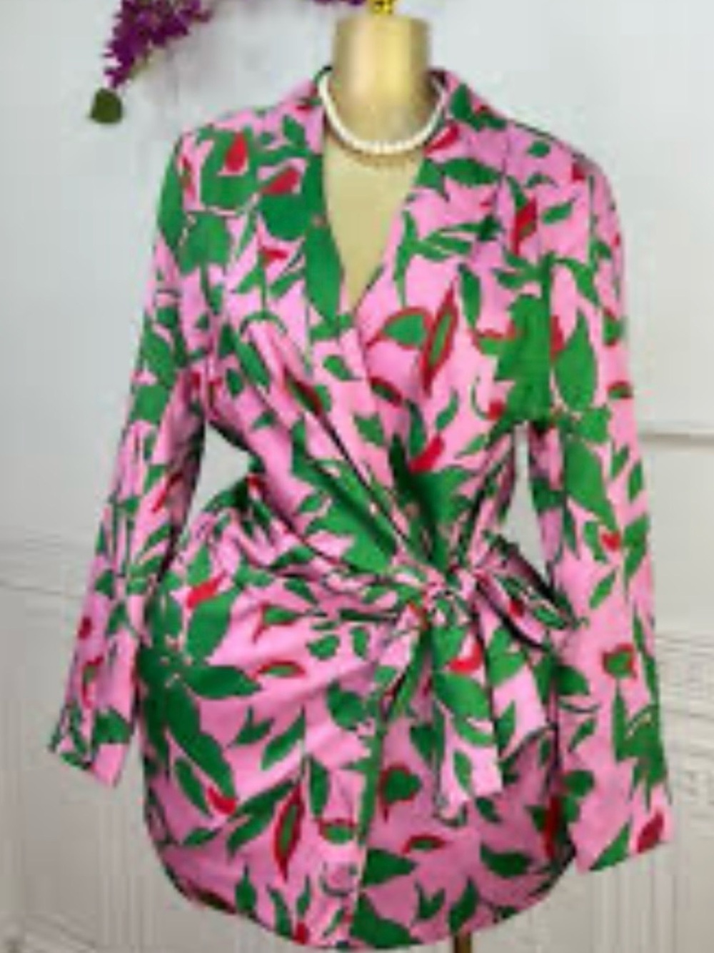 River Island Pink Blazer with Green and Red Floral Print